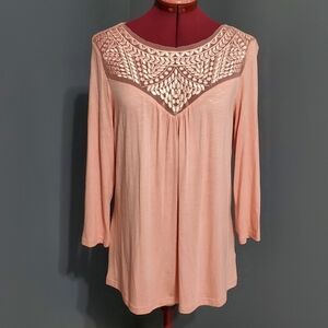 Pink Blouse Valerie Stevens Shirt Embroidered Mesh Neckline